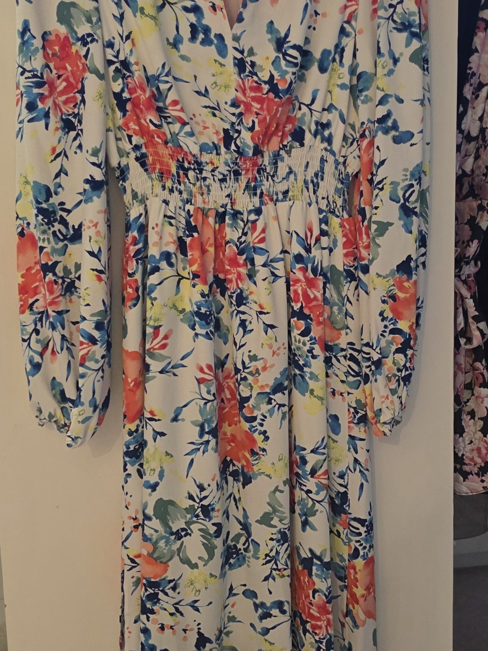 Charles Henry White Floral Long Sleeve Midi Dress with Coral & Blue Blooms